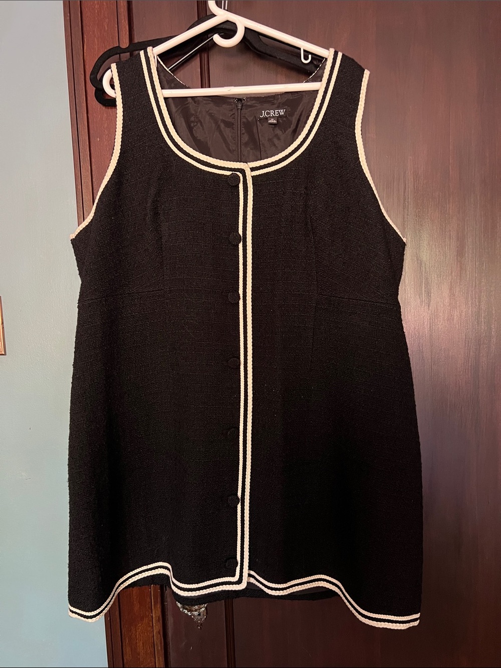 J. Crew Black Sleeveless Tweed Shift Dress with Cream Trim